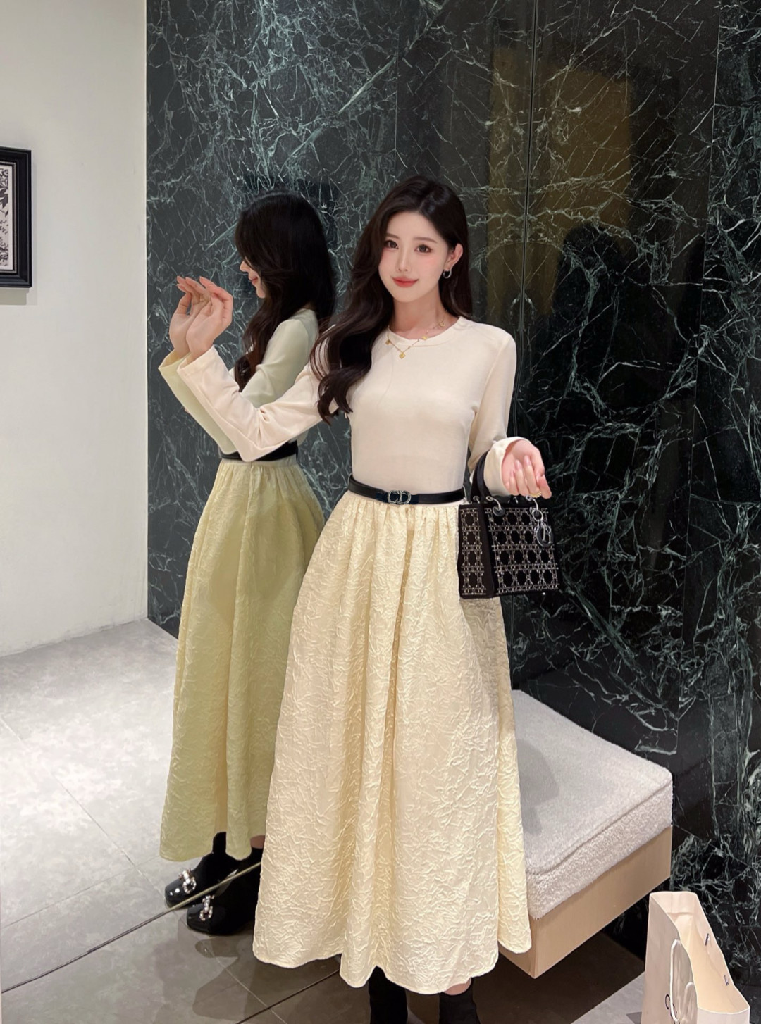 Elegant Embossed Floral Print Midi Dress with Belt - Chic and Feminine 9 cmp a1759403685765 3656