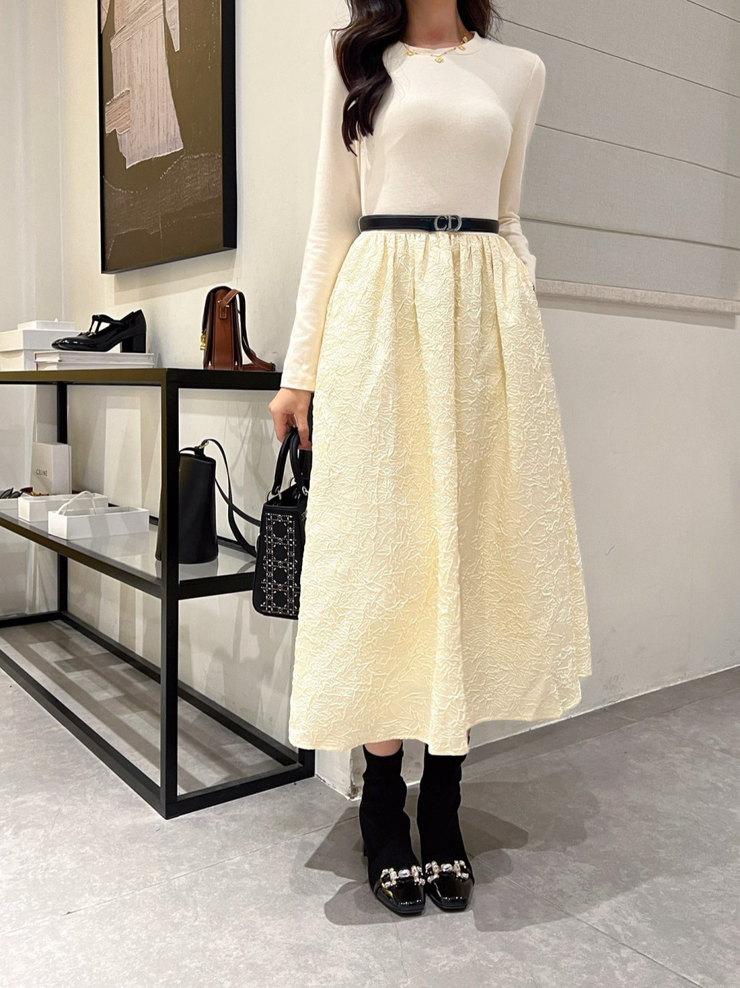 Elegant Embossed Floral Print Midi Dress with Belt - Chic and Feminine 10 cmp a1759403685765 4008