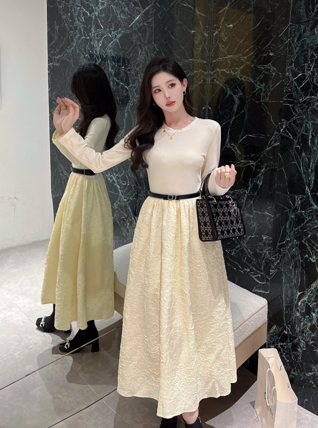 Elegant Embossed Floral Print Midi Dress with Belt - Chic and Feminine 8 cmp a1759403685765 4220