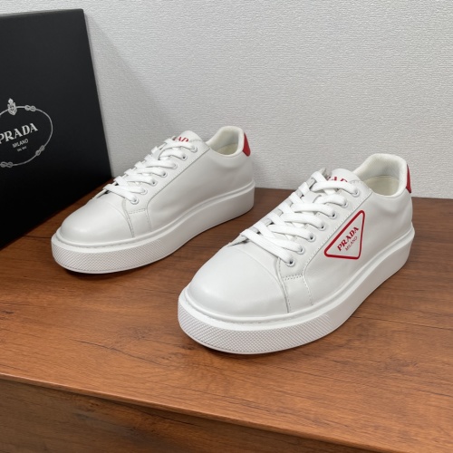 Prada Leather Sneakers White/Red, Classic Triangle Logo, Comfortable Fit 1 Prada Leather Sneakers White/Red, Classic Triangle Logo, Comfortable Fit