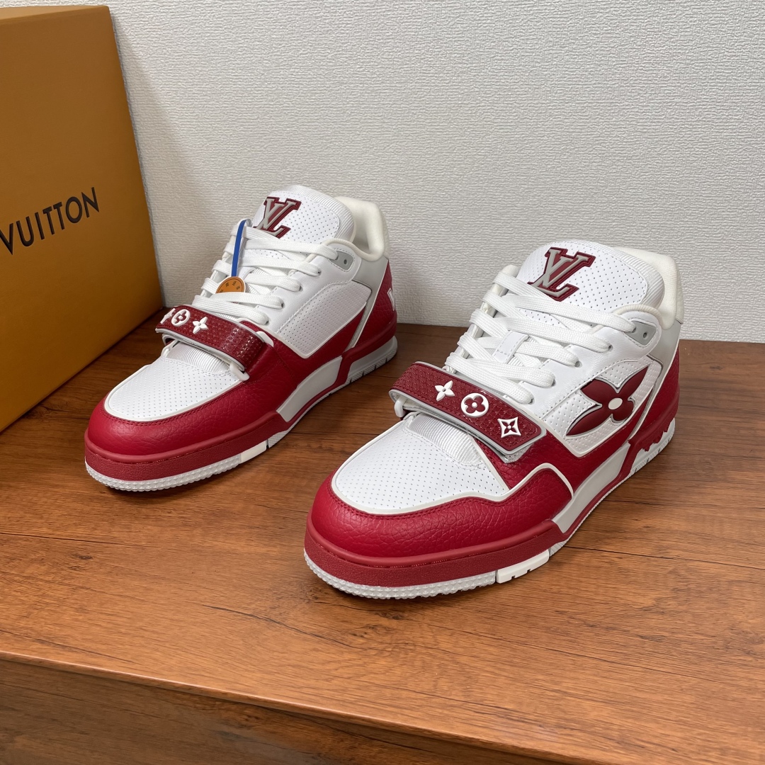 Louis Vuitton Trainer Sneakers in White and Red Leather, Size 39-44