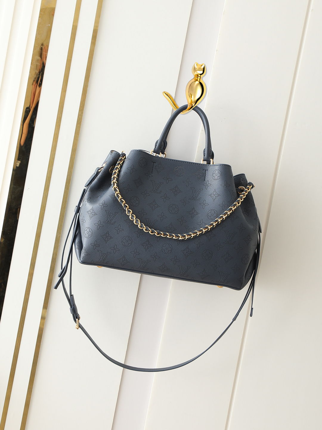 M14316 Bolso de mano con cadena de cuero azul oscuro/hueco Bolso Bella Tote Ys
