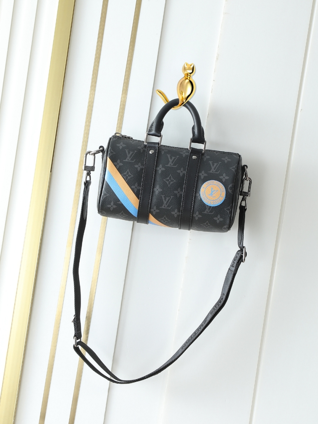 P1992 bolso de hombre con serigrafía de flores negras, bolso de almohada, bolso Keepall 25