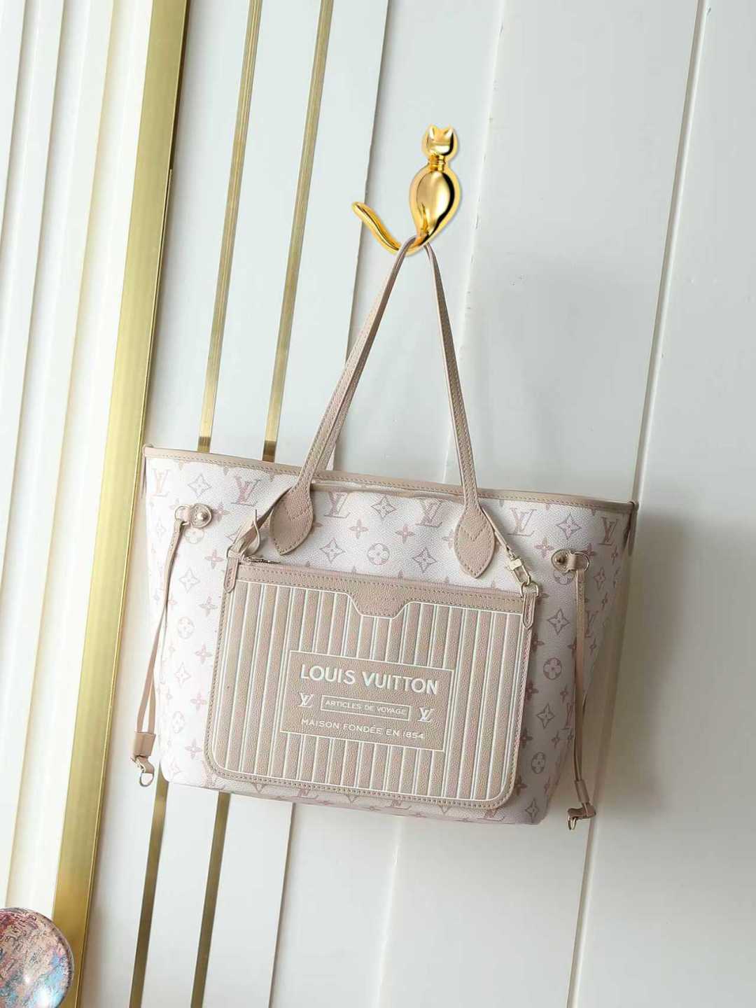 M25665 Bolso de compras color blanco flor/duna Serie Neverfull MM Bolso