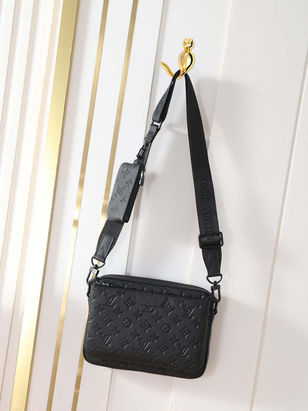 M26713 Bolso de hombre totalmente de cuero negro conjunto de tres piezas Bolso bandolera Trio Messenger