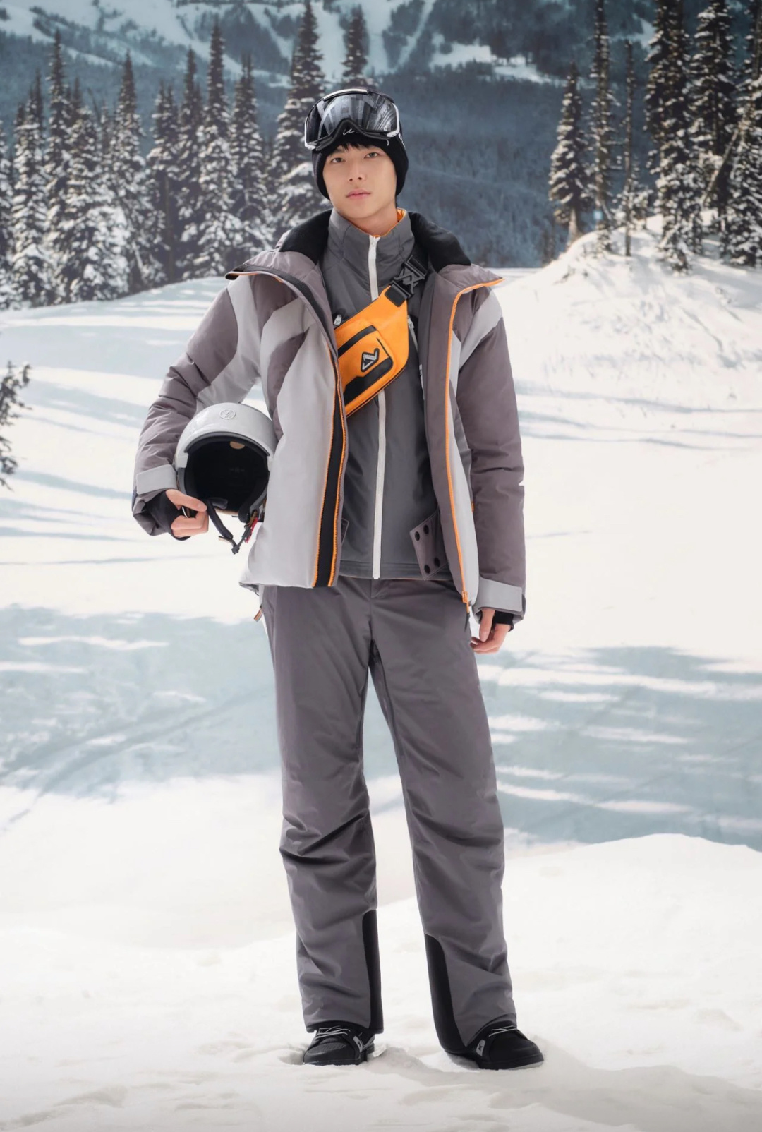 。上身效果｜LOUIS VUITTON LV 秋冬新款SKI滑雪系列灰色潮流长袖连帽拉链羽绒服.男女上身