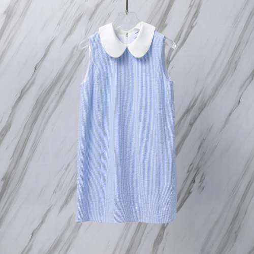 Thom Browne Blue Pucker Stripe Dress With White Collar Sleeveless Mini Dress 1 Thom Browne Blue Pucker Stripe Dress With White Collar Sleeveless Mini Dress