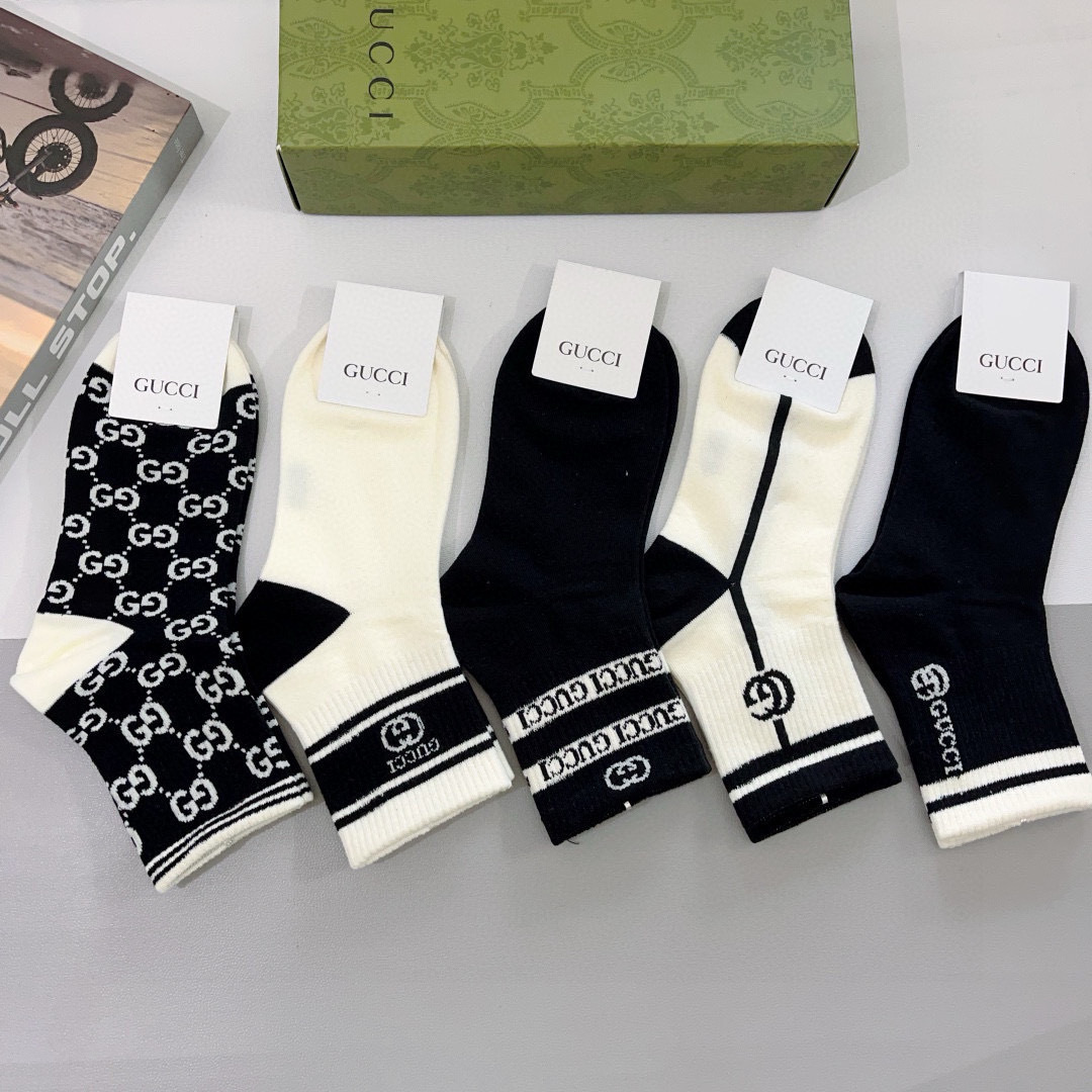配包装（一盒5双） Gucci 古奇 ins超火爆小单品男女同款袜子，纯棉面料，潮人必备 ，Gucci 