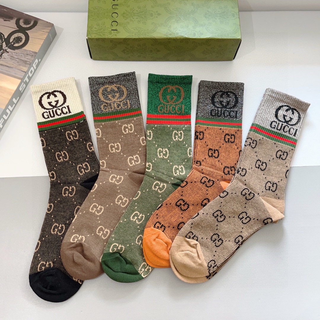 配包装（一盒5双）
GUCCI 古奇 新款小腿袜子！双针双路面料，火爆G图案，专柜同步中长筒袜子，💛大牌