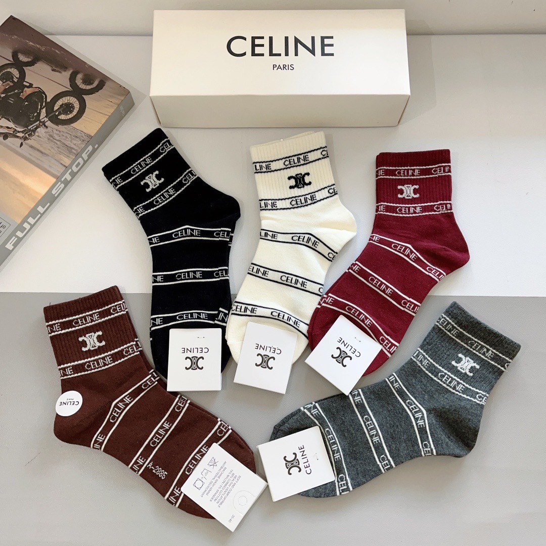 配包装（一盒5双）
CELINE  赛琳 新款中筒袜、纯棉面料，专柜同 步中筒袜子，💛大牌出街，潮人必备
