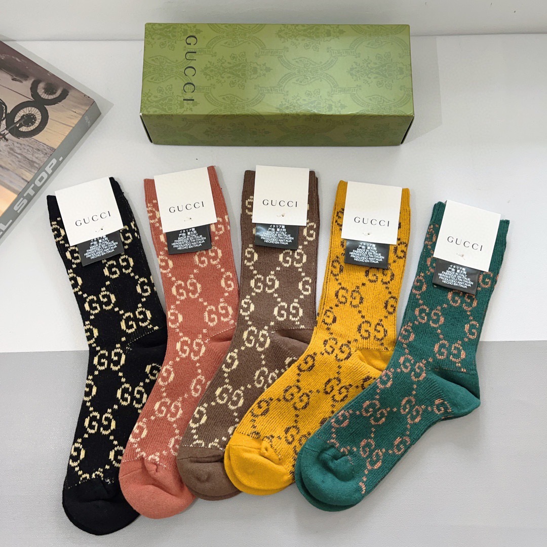 配包装（一盒5双）GUCCI 古奇 高版本经典新款小腿袜子！双针双路面料，火爆G图案，专柜同步长筒袜子，
