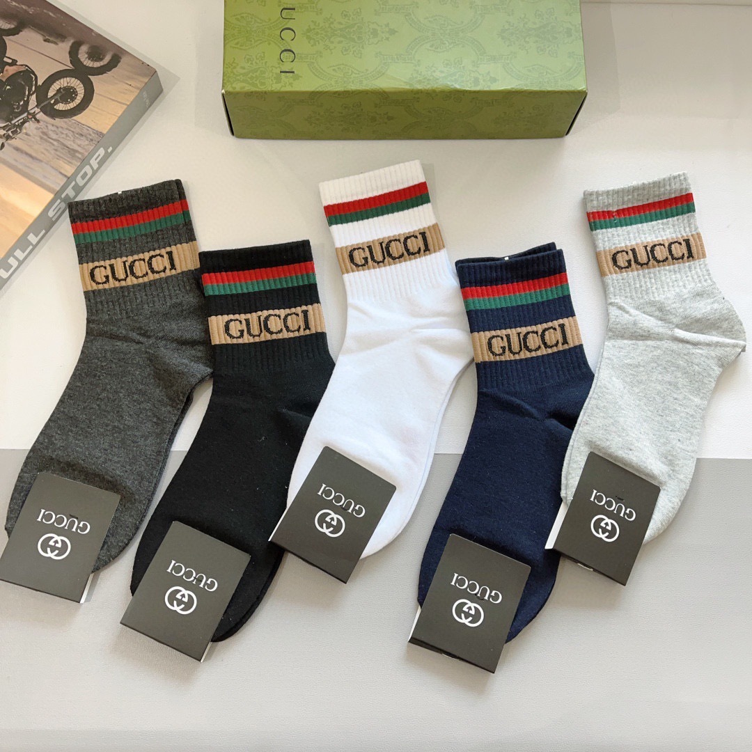 配包装（一盒5双）GUCCI 古奇 新款中筒男士袜子！纯棉面料，火爆logo图案，专柜同步中长筒袜子，💛