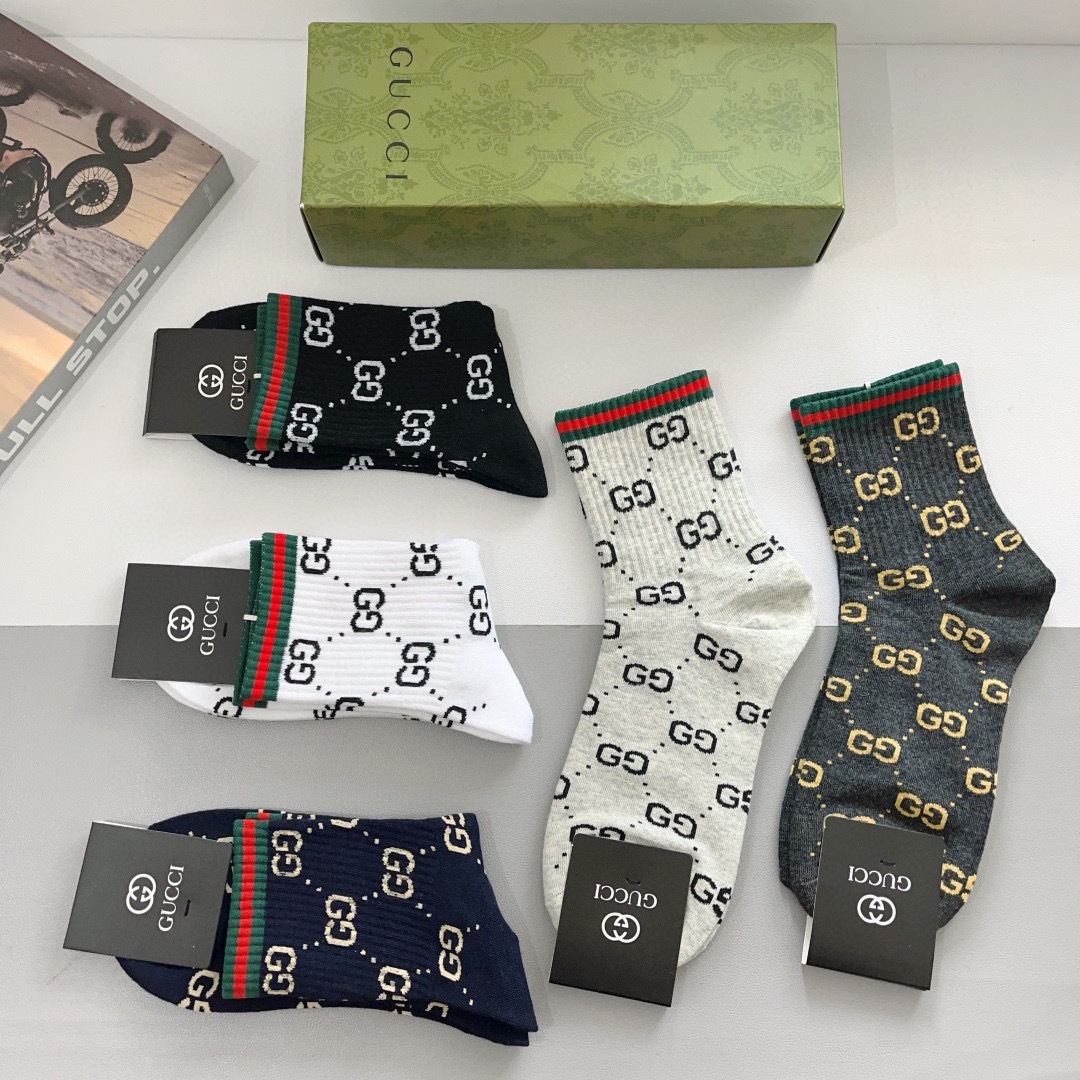 配包装（一盒5双） Gucci 古奇 ins超火爆男款中筒袜，纯棉面料，潮人必备 ，经典G家彩条针织织带