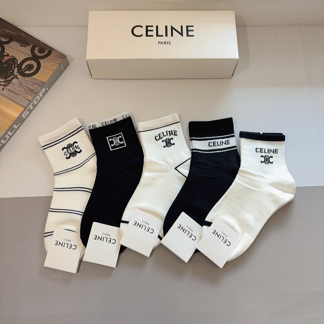 配包装（一盒5双）CELINE 赛琳 新款船袜！纯棉面料，专柜同步中筒袜子，💛大牌出街，潮人必备🔥超好搭