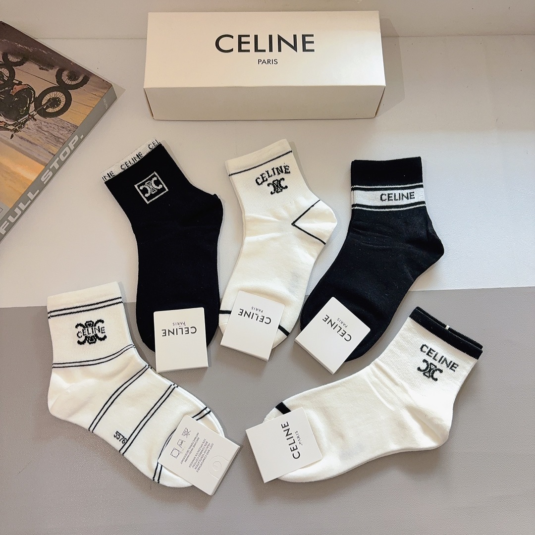 配包装（一盒5双）CELINE 赛琳 新款船袜！纯棉面料，专柜同步中筒袜子，💛大牌出街，潮人必备🔥超好搭