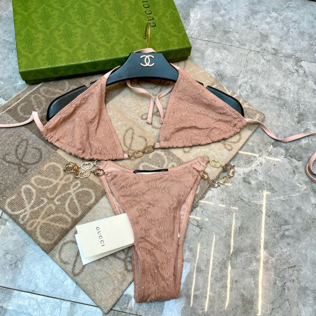 Gucci新款性感网纱比基尼泳衣~网纱蕾丝吊带背心链条文胸内衣（无胸垫）➕三角裤两件套装， 码数：S M