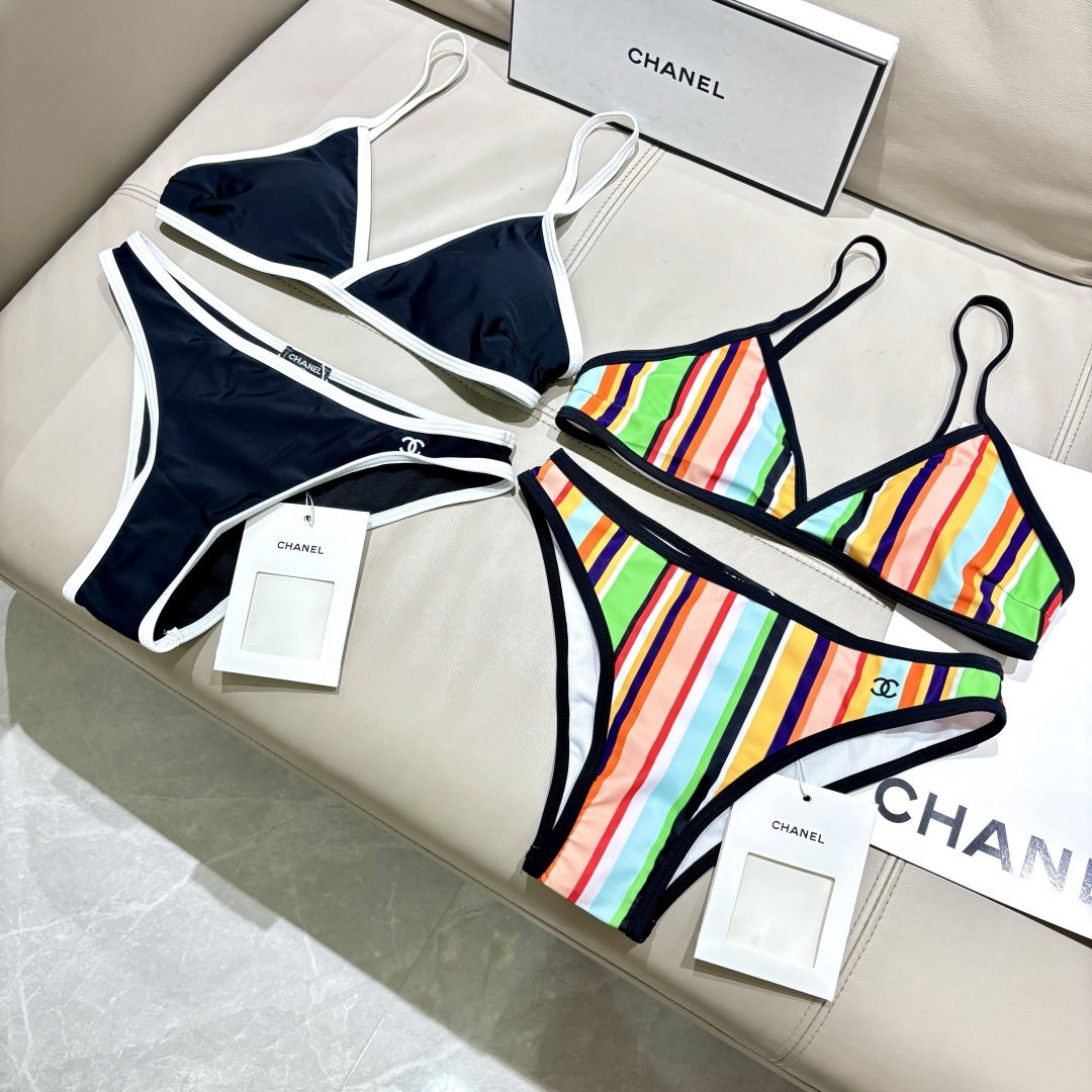 Chanel新款黑白配比基尼香风限定比基尼撞色竖纹视觉显瘦，勾勒优越曲线金属双C点缀，低调彰显轻奢质感全