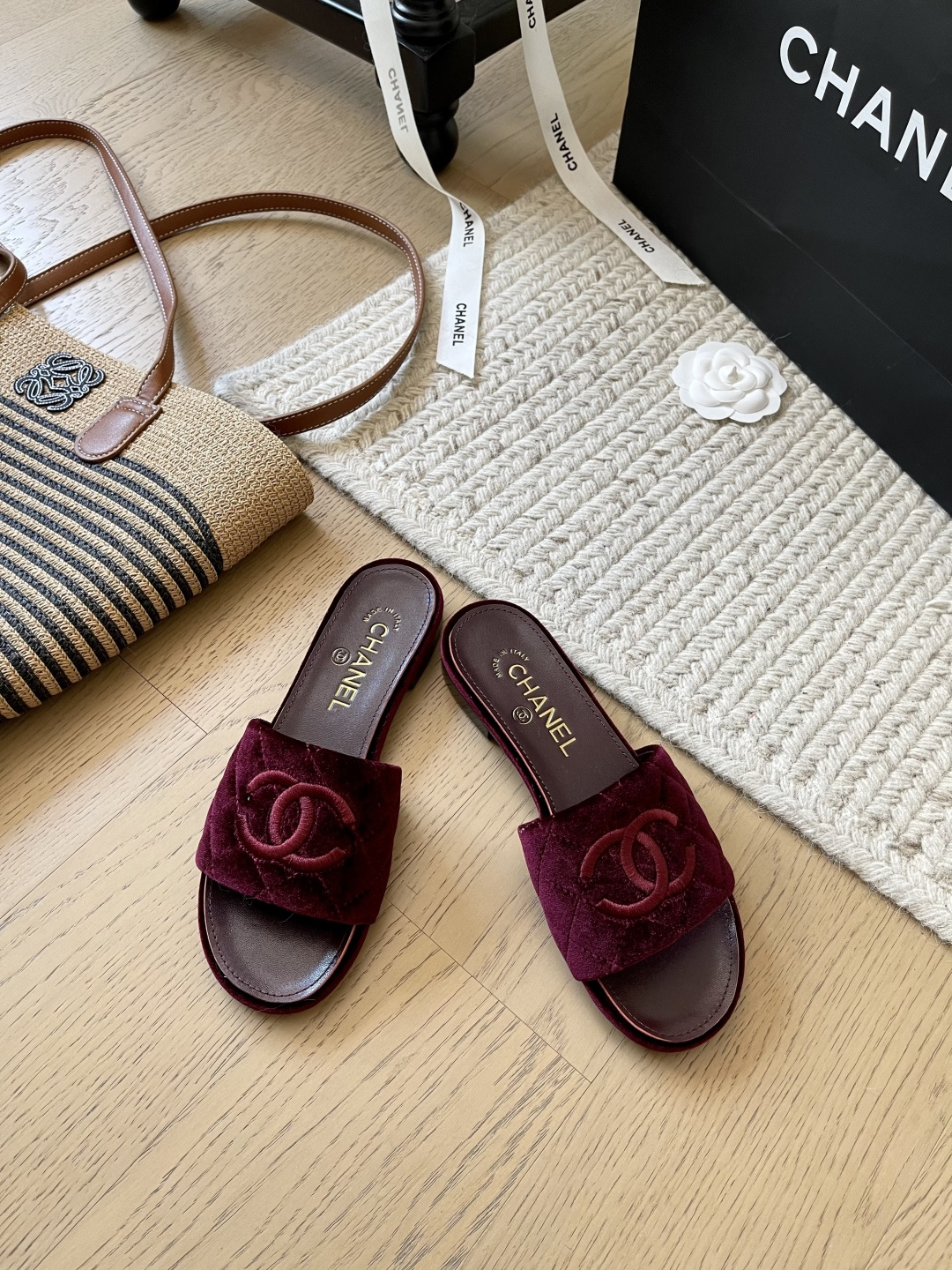 Chanel Velvet CC Logo Flat Sandals Slides, Luxury Leather Shoes for Women