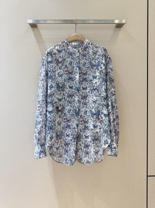 Elegant Butterfly Print Cotton Shirt with Stand Collar and Mother-of-Pearl Buttons 1 Elegant Butterfly Print Cotton Shirt with Stand Collar and Mother-of-Pearl Buttons