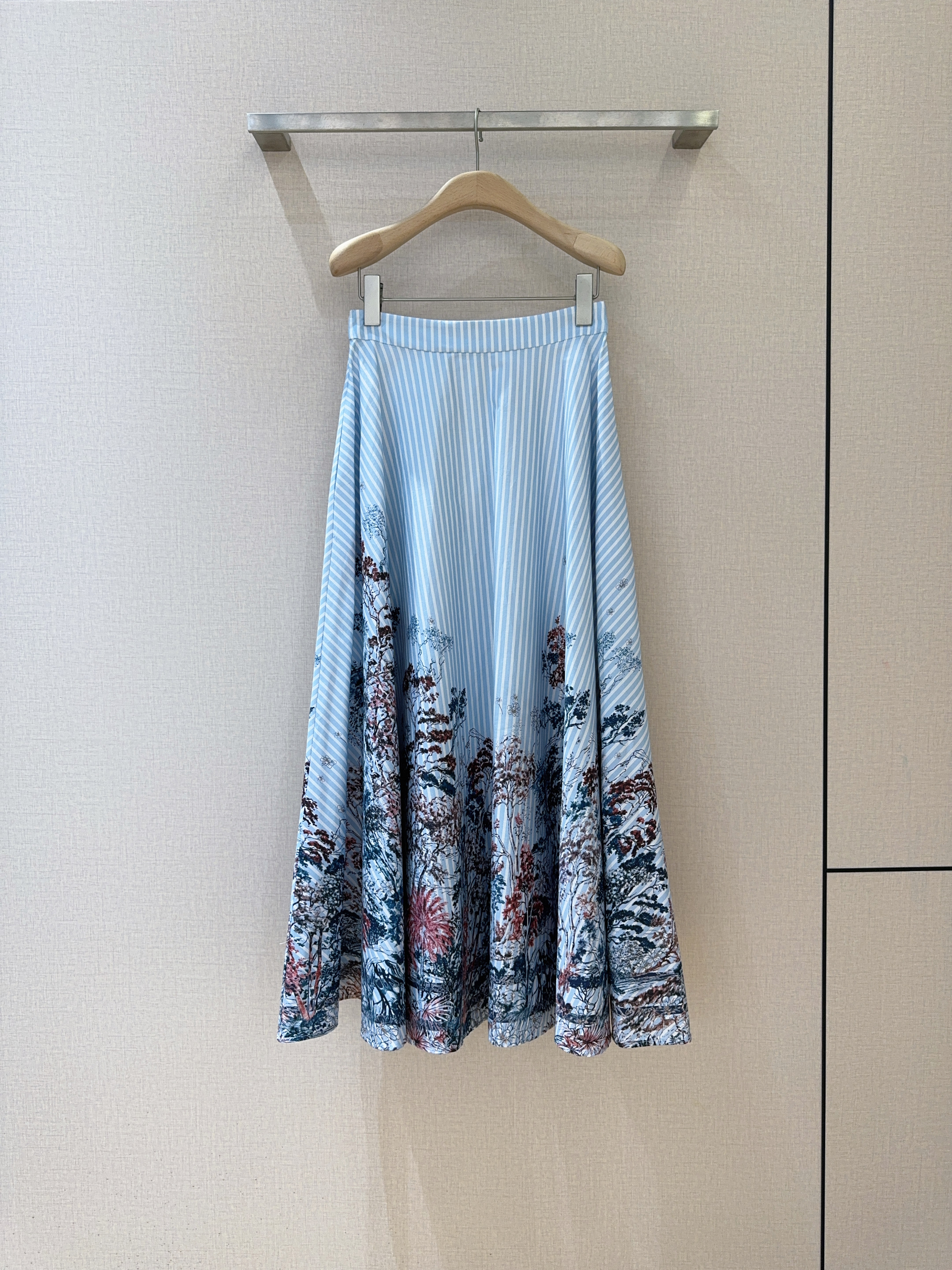 High-end Female Clothes: Blue Striped Dress with Nature-Inspired Design
