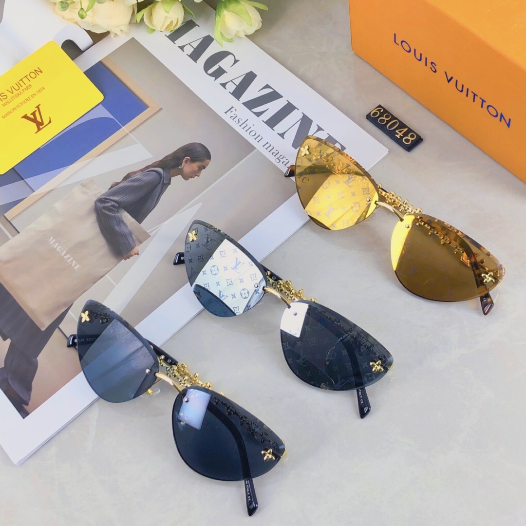 。。Louis vuitton2025款欧美奢华女无框显瘦百搭太阳眼小红书四叶草街拍墨镜