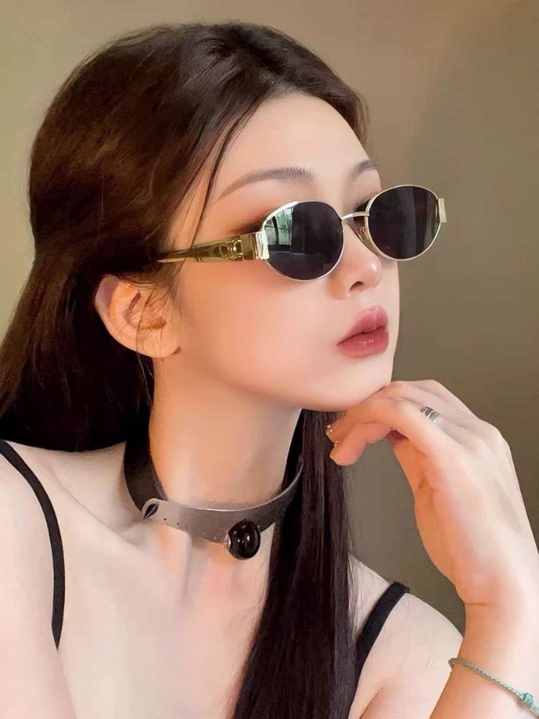 。。Celin*金边墨镜女款2025新款小脸高级感凯旋门美式复古金属椭圆太阳眼镜