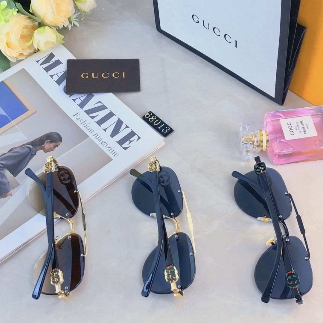 。。Gucc*新款欧美时尚双梁太阳镜金属切边无框蛤蟆镜街拍渐变色太阳眼镜