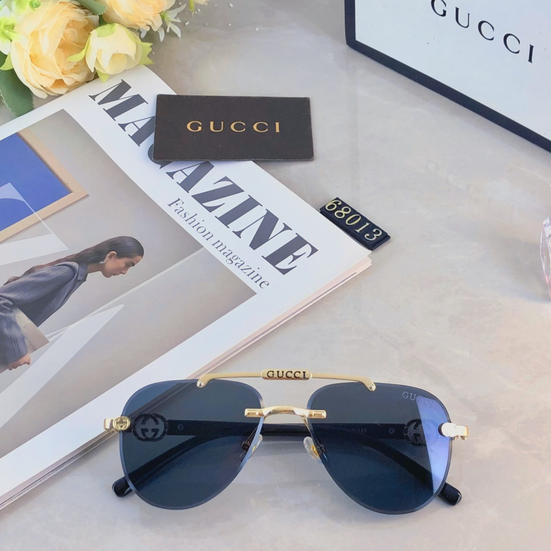 。。Gucc*新款欧美时尚双梁太阳镜金属切边无框蛤蟆镜街拍渐变色太阳眼镜