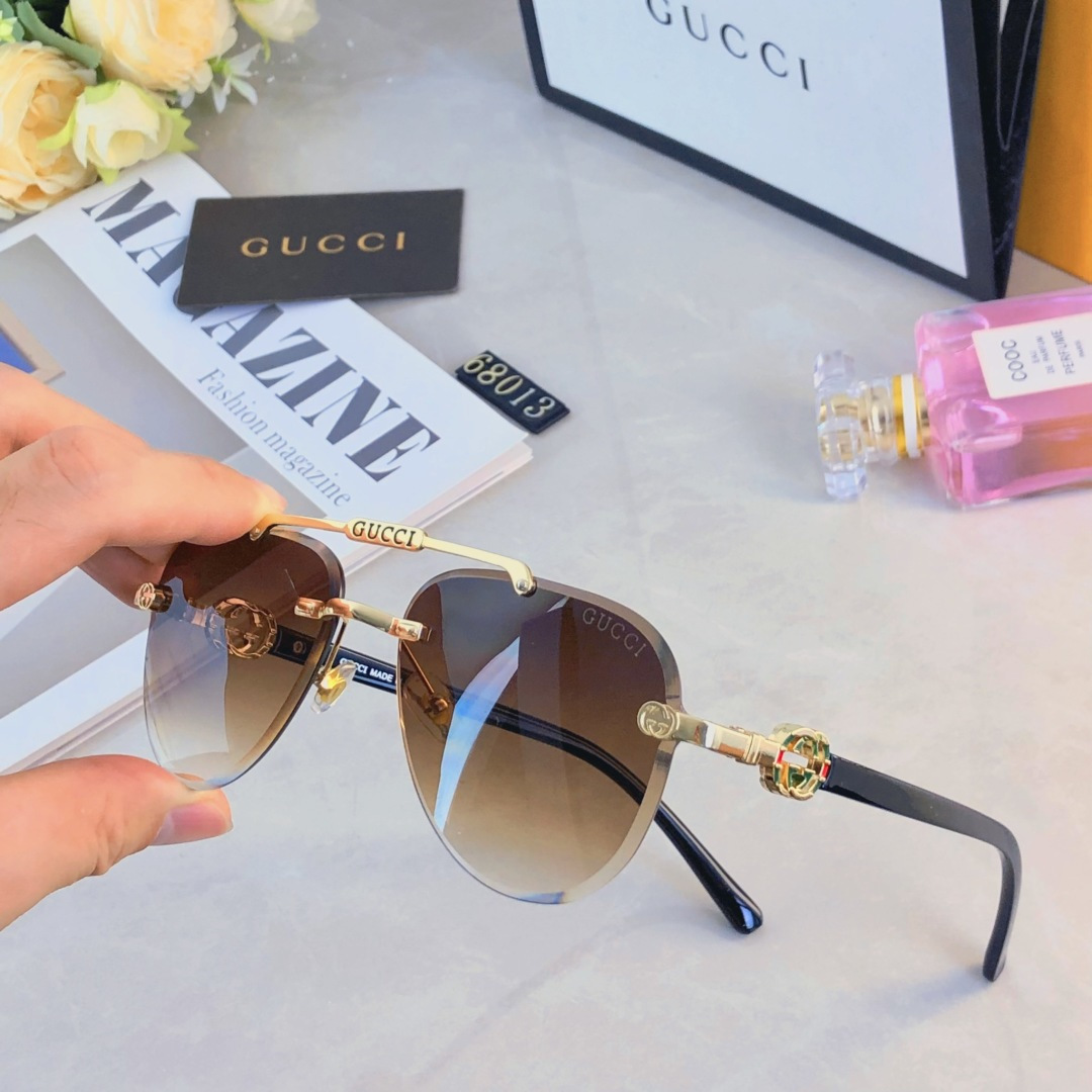 。。Gucc*新款欧美时尚双梁太阳镜金属切边无框蛤蟆镜街拍渐变色太阳眼镜
