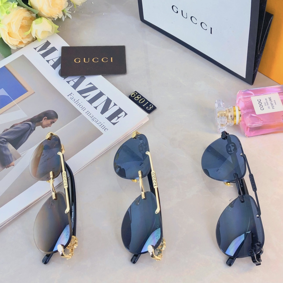 。。Gucc*新款欧美时尚双梁太阳镜金属切边无框蛤蟆镜街拍渐变色太阳眼镜