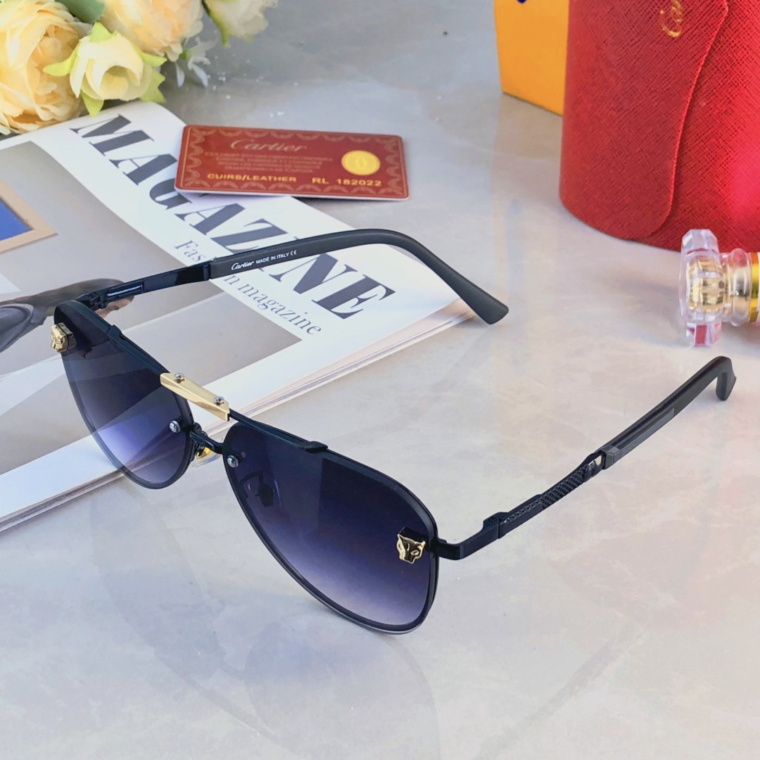 。。Cartie*新款男士时尚一体片太阳镜 个性豹子头装饰金属墨镜 户外骑行遮阳