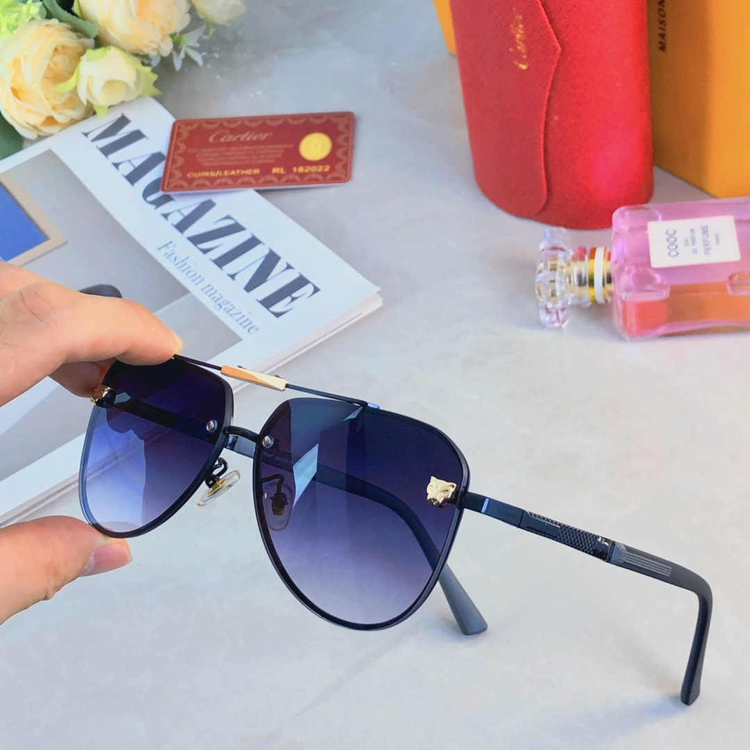 。。Cartie*新款男士时尚一体片太阳镜 个性豹子头装饰金属墨镜 户外骑行遮阳