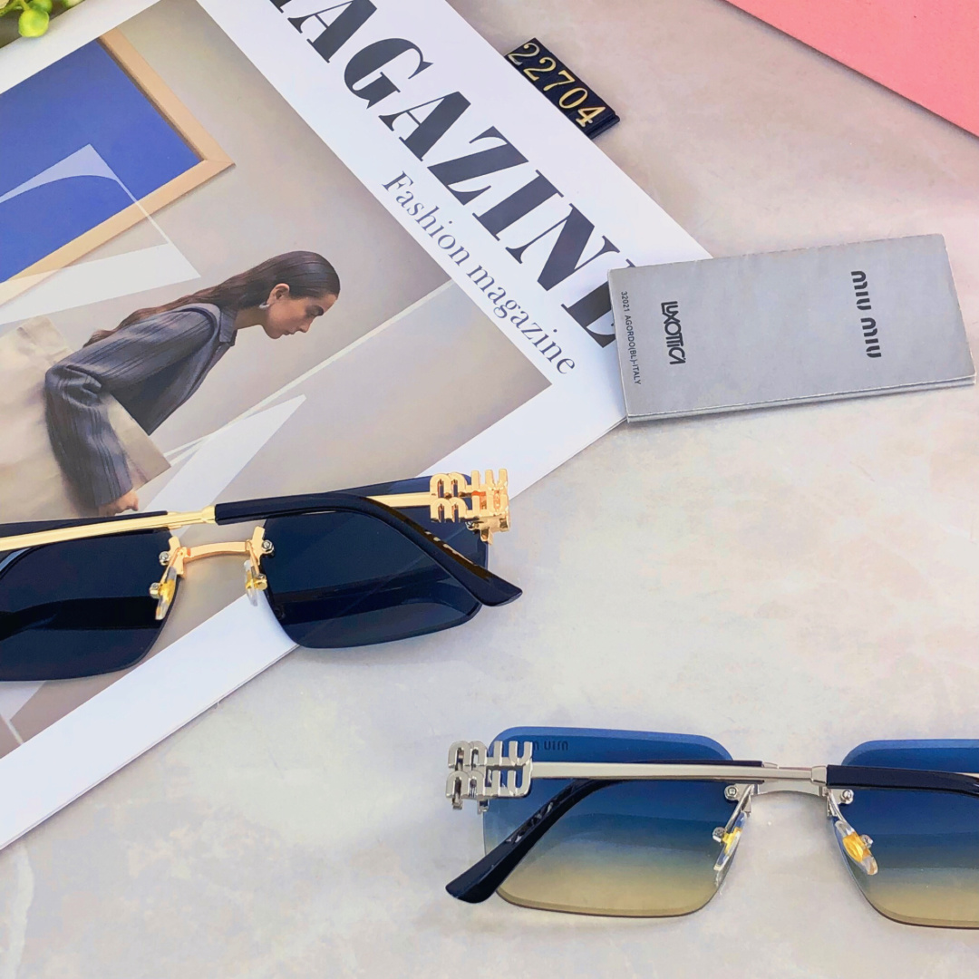 。。miumi*欧美复古方形无框切边时尚墨镜潮流字母腿海边散步防晒太阳镜