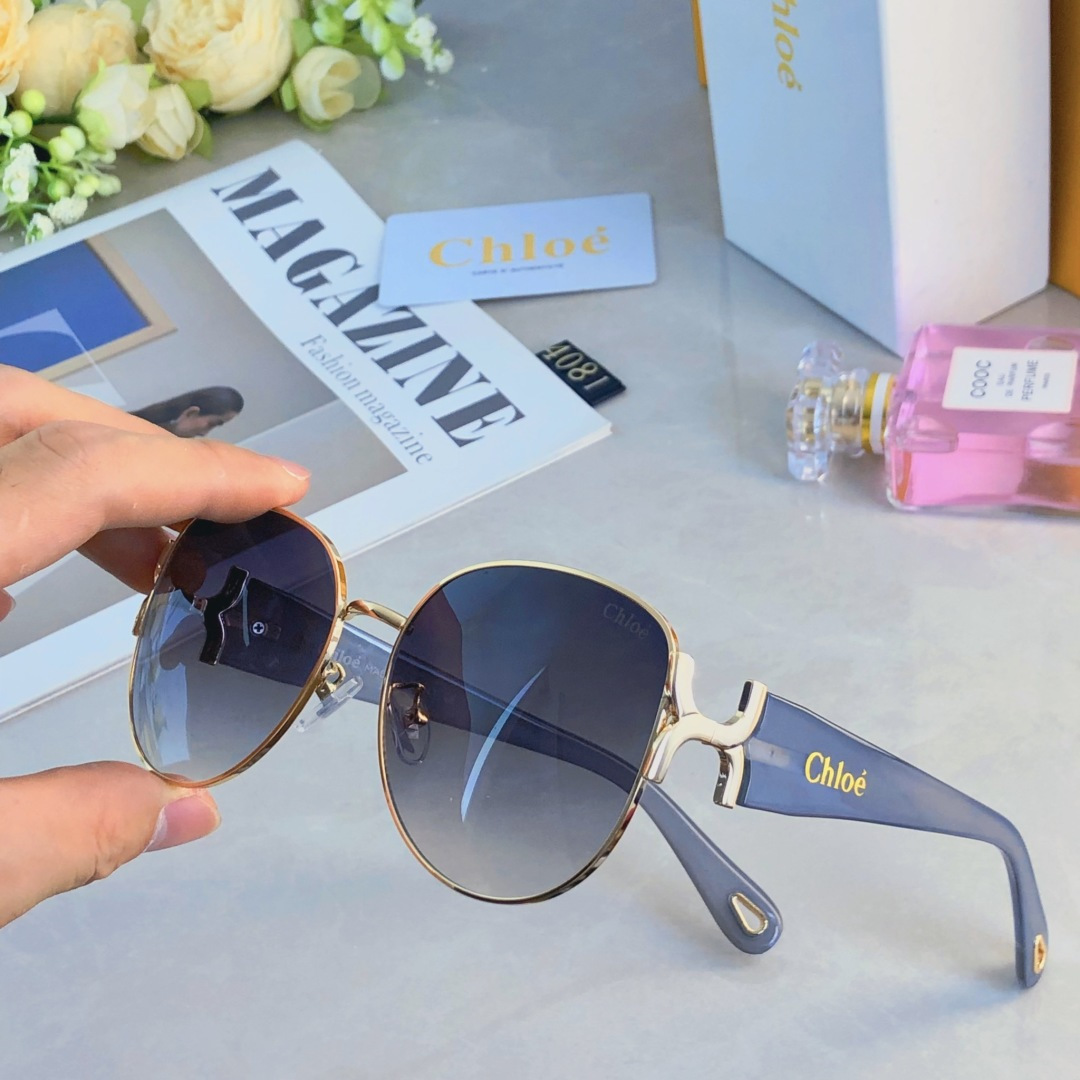 。。Chlo*凹造型金属大框椭圆墨镜女时尚显脸小防紫外线太阳眼镜