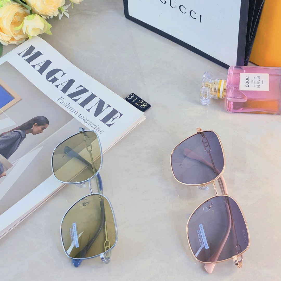 。。Gucc*2025新款复古方框大脸显瘦墨镜女韩版街拍ins圆脸茶色开车太阳镜