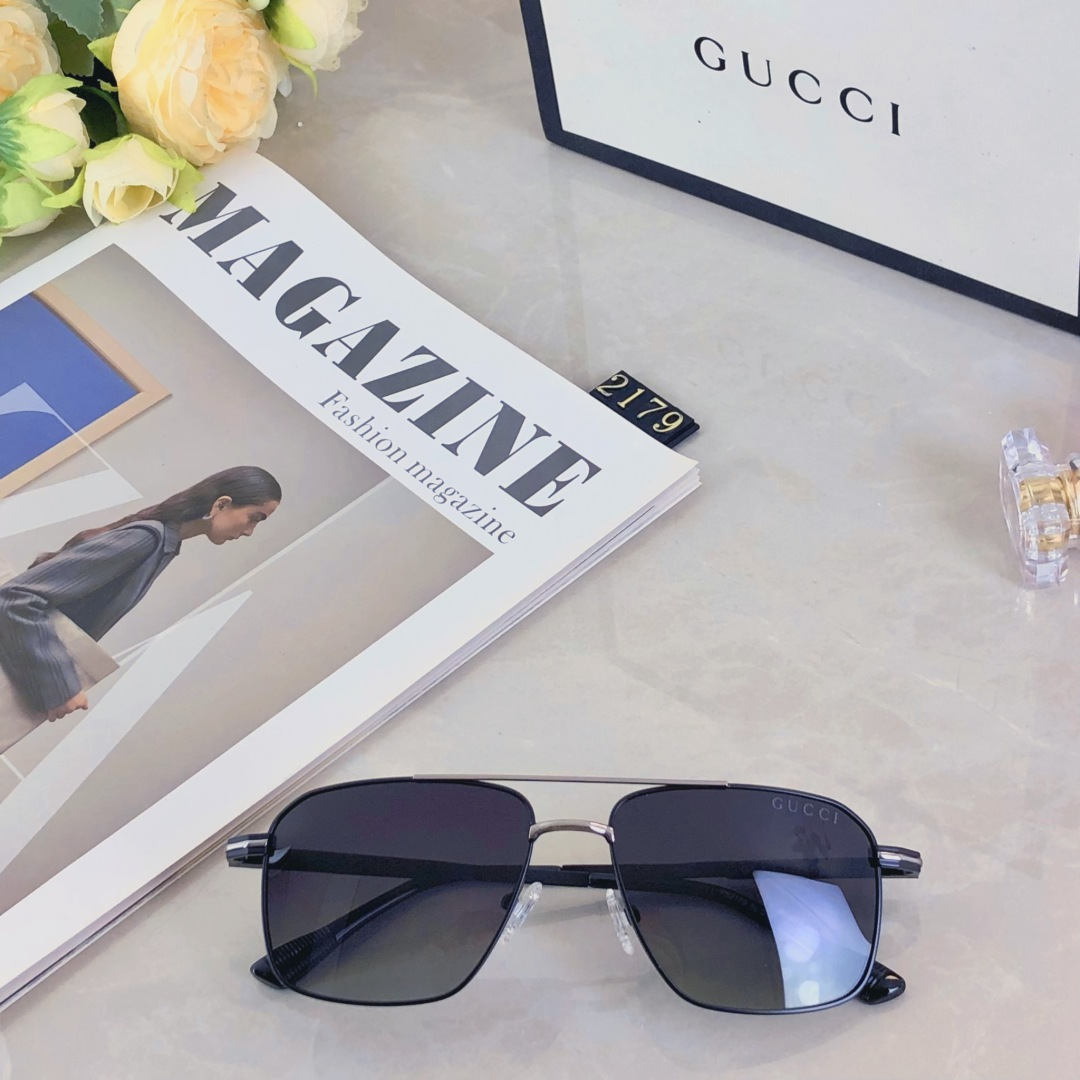 。。Gucc*偏光太阳镜男生钓鱼开车眼镜个性双梁金属墨镜时尚百搭修脸