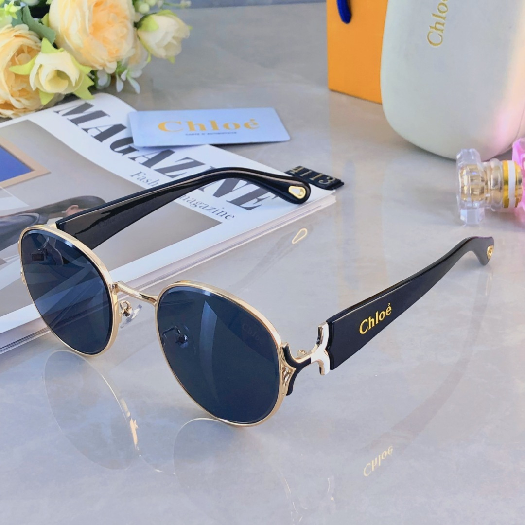 。。Chlo*复古港风金属椭圆形墨镜防晒高级感年代凹造型太阳眼镜
