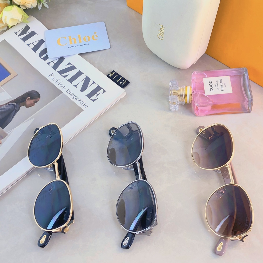 。。Chlo*复古港风金属椭圆形墨镜防晒高级感年代凹造型太阳眼镜