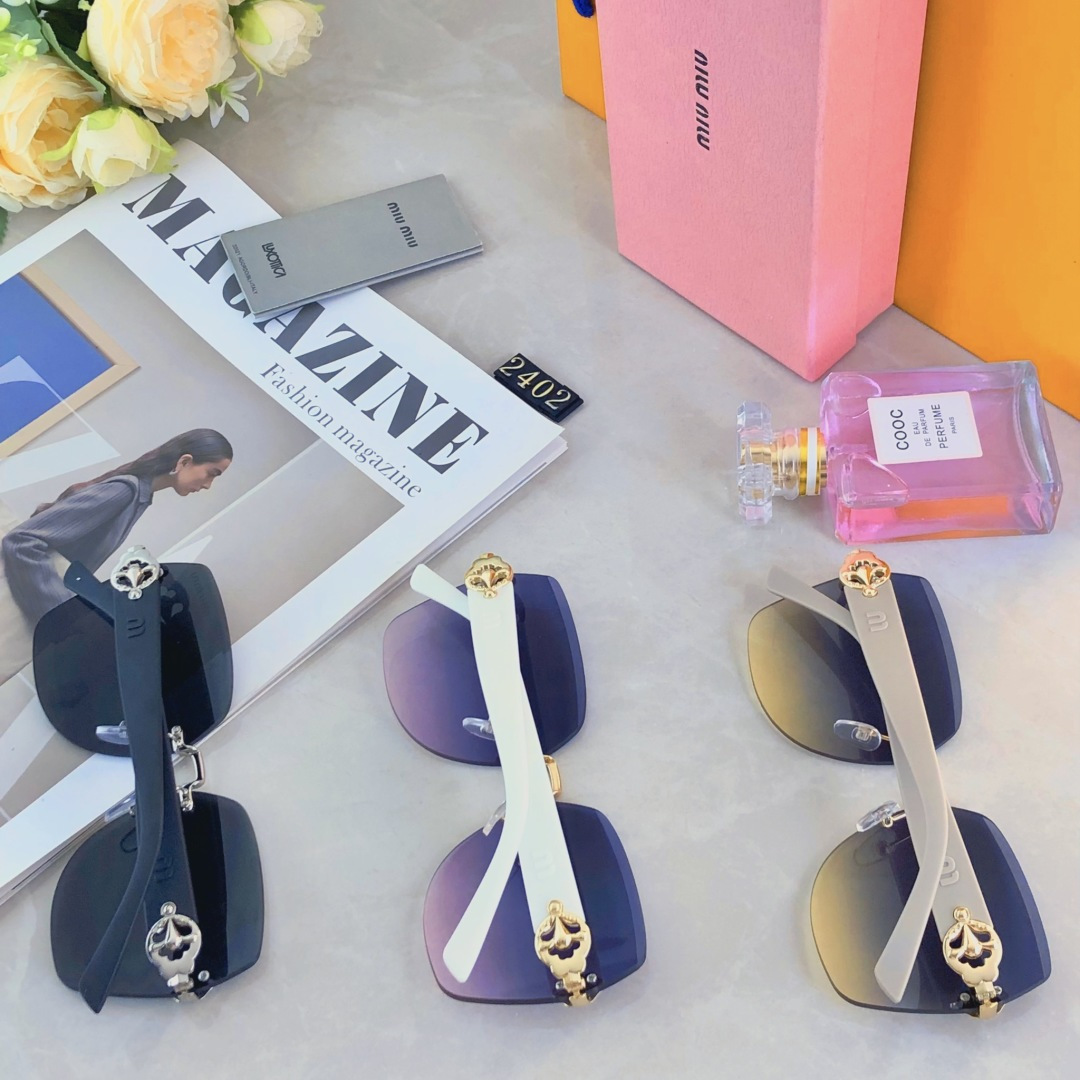 。。miumi*2025新款大框轻奢无框时尚太阳镜女防紫外线级感显脸小墨镜