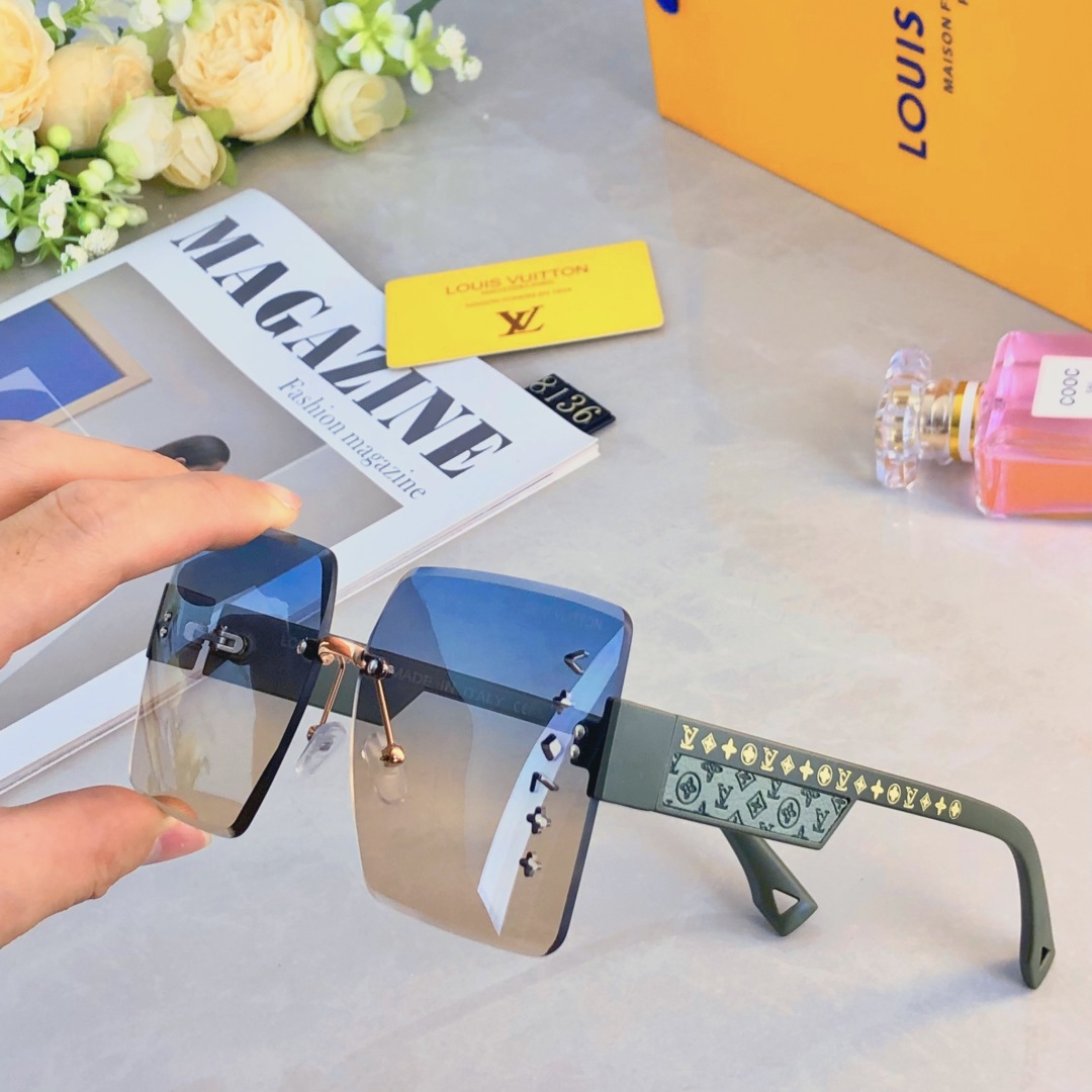。。LOUISVUITTO*高级感无框墨镜女潮欧美复古大框切边眼镜防紫外线太阳镜海边防晒