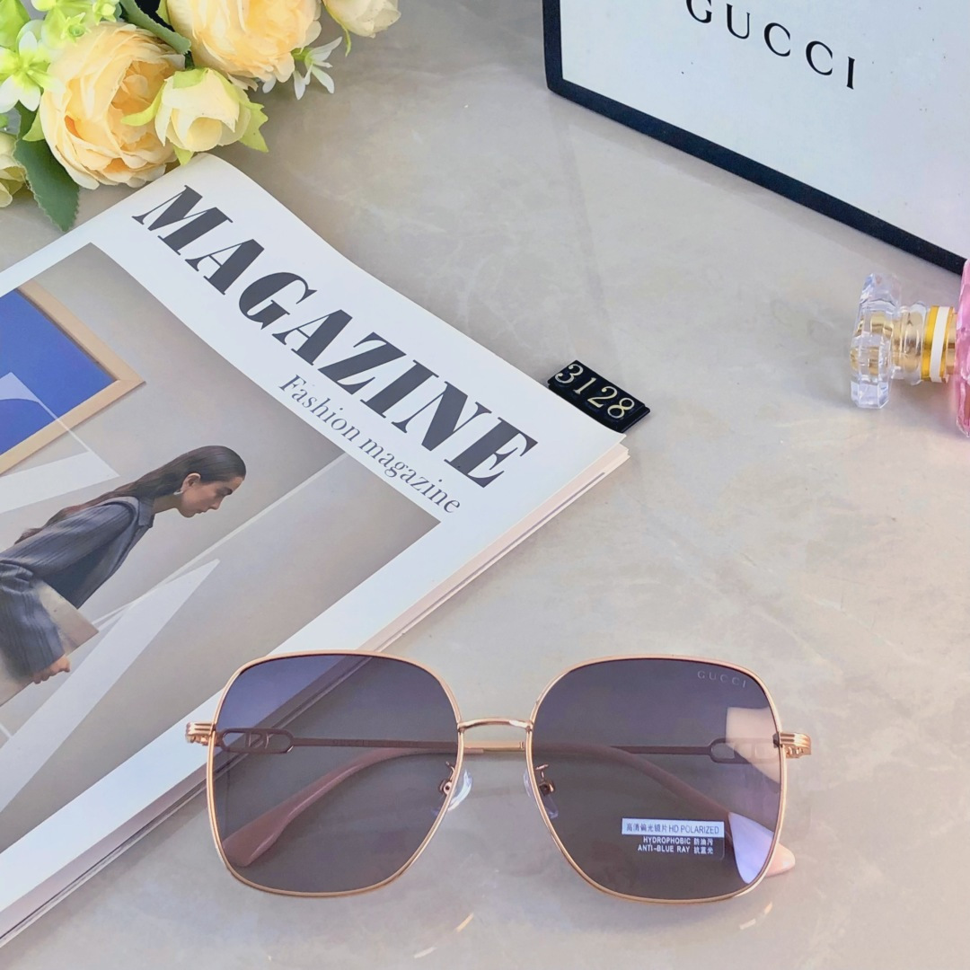 🔥🔥Gucc*韩版时髦墨镜斯文金丝框浅茶镜片辣妹学院风防紫外线太阳镜女