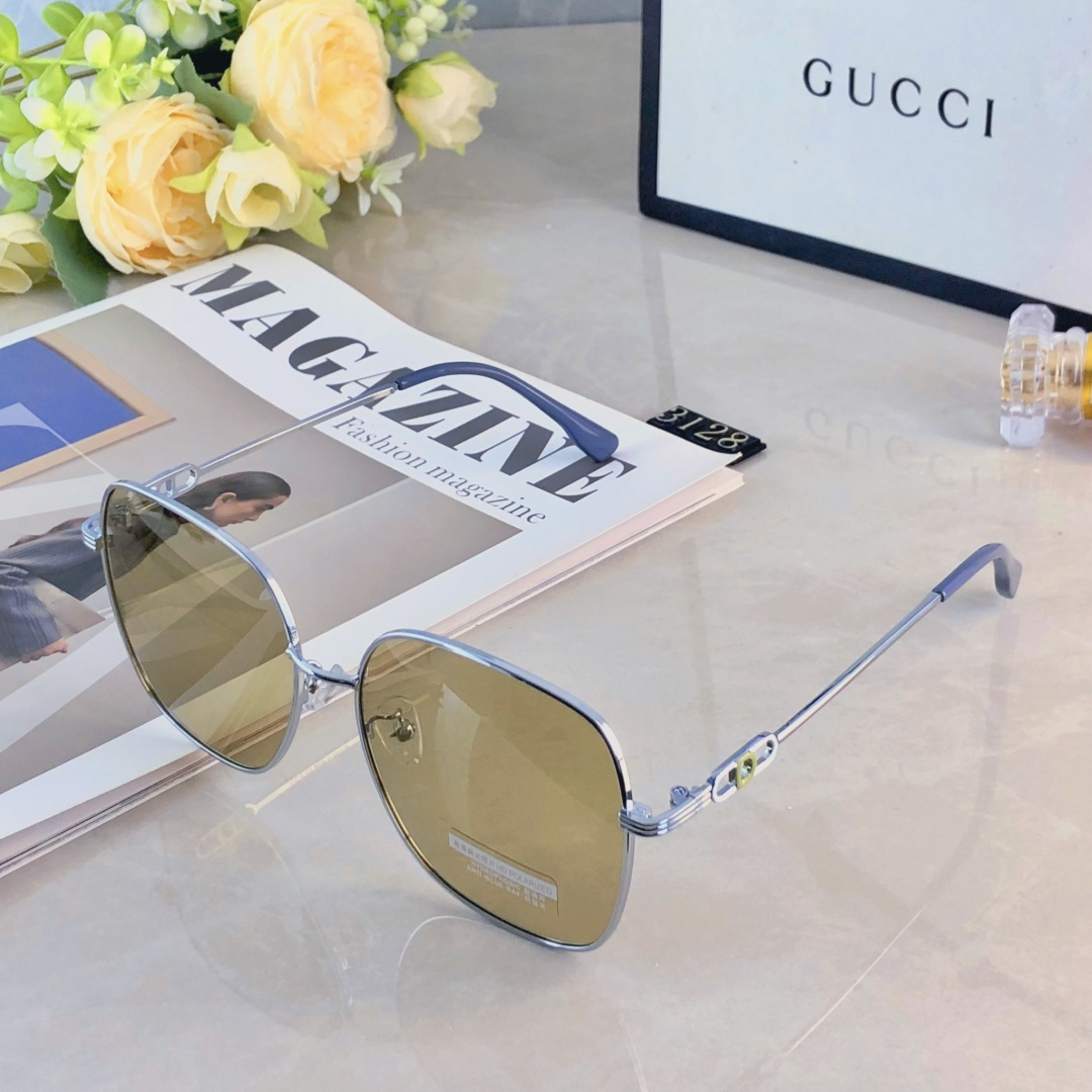 🔥🔥Gucc*韩版时髦墨镜斯文金丝框浅茶镜片辣妹学院风防紫外线太阳镜女