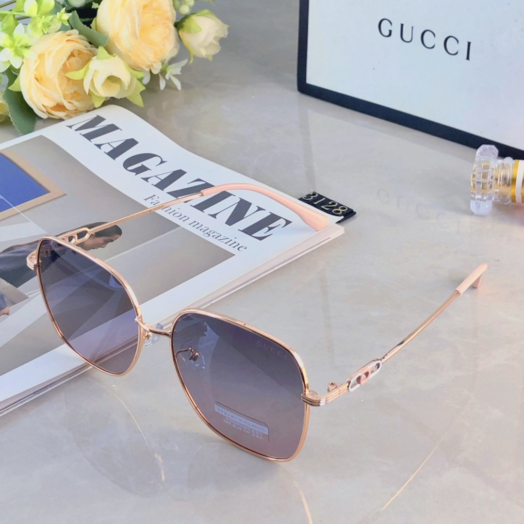 🔥🔥Gucc*韩版时髦墨镜斯文金丝框浅茶镜片辣妹学院风防紫外线太阳镜女