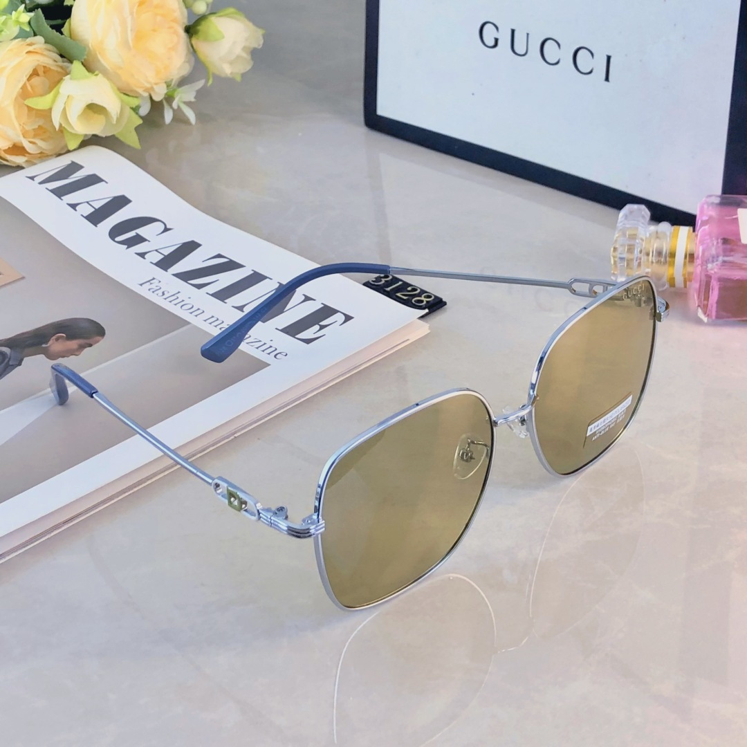 🔥🔥Gucc*韩版时髦墨镜斯文金丝框浅茶镜片辣妹学院风防紫外线太阳镜女