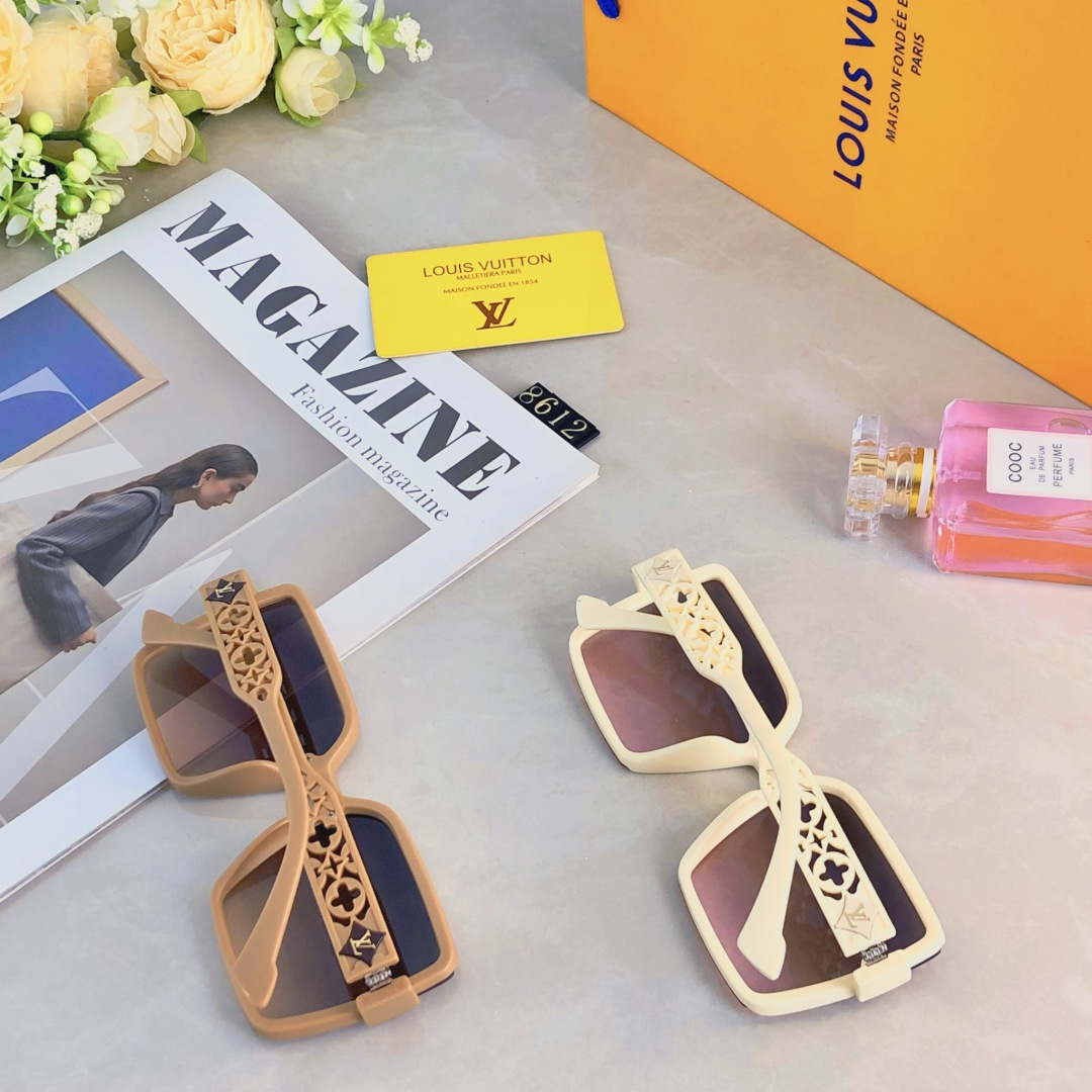 。。Louis vuitto*新款时尚镂空太阳镜方形潮流百搭墨镜防紫外线超轻无框太阳镜