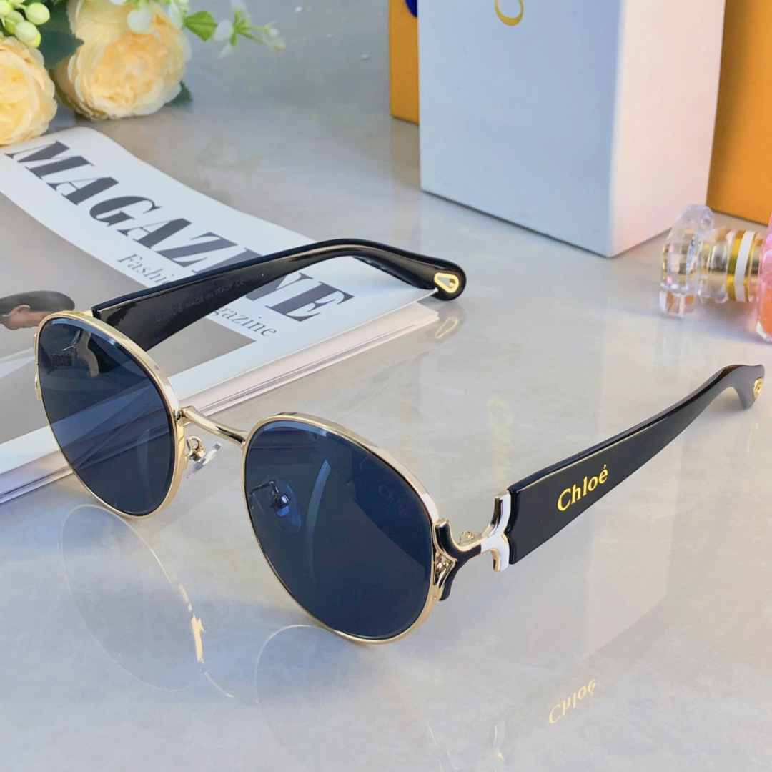 。。Chlo*复古港风金属椭圆形墨镜女防晒高级感小框凹造型太阳眼镜