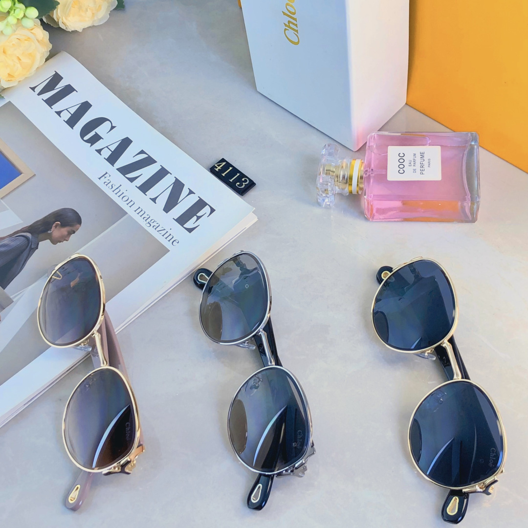 。。Chlo*复古港风金属椭圆形墨镜女防晒高级感小框凹造型太阳眼镜