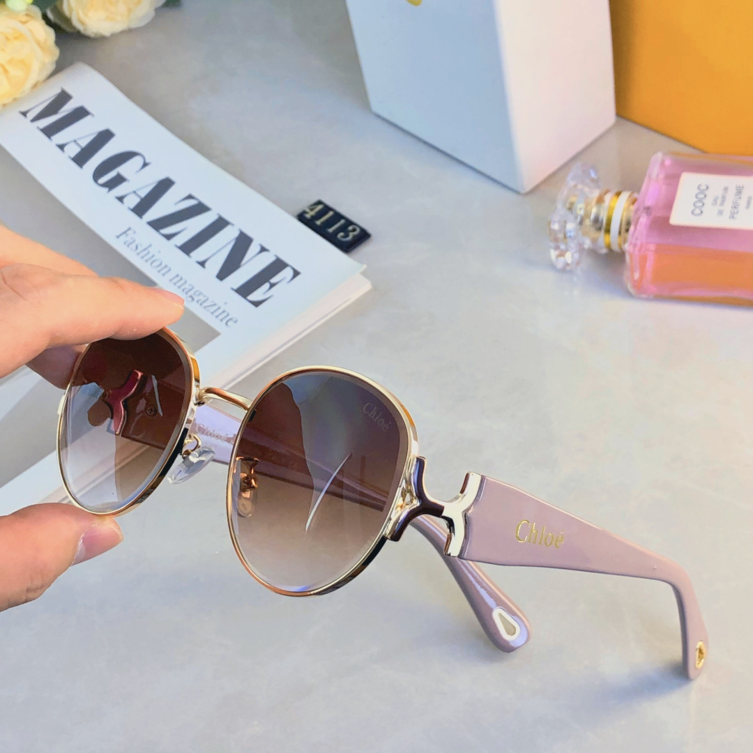 。。Chlo*复古港风金属椭圆形墨镜女防晒高级感小框凹造型太阳眼镜
