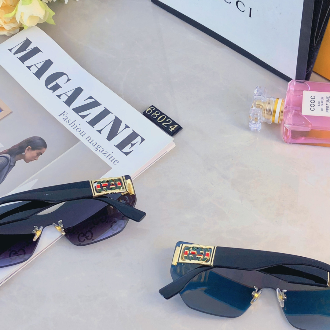 。。Gucc*高级感无框墨镜女潮欧美复古大框切边眼镜防紫外线太阳镜海边防晒