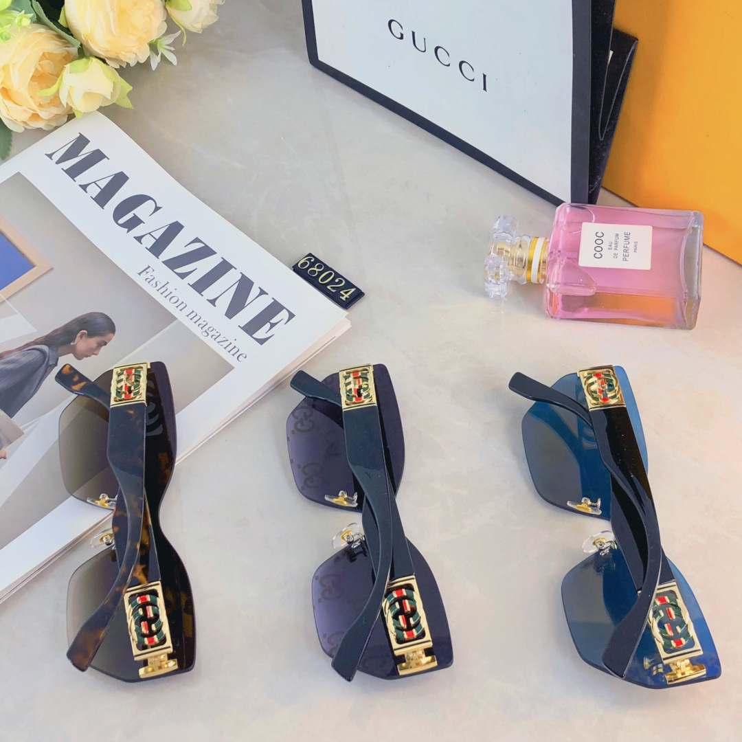 。。Gucc*高级感无框墨镜女潮欧美复古大框切边眼镜防紫外线太阳镜海边防晒